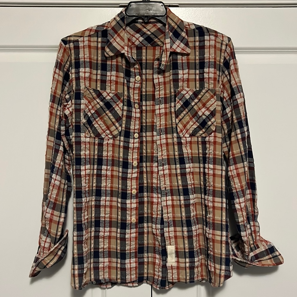 Plaid waffle texture button down shirt